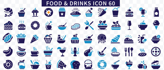 Food & drinks flat icons set. Restaurant, meal, meat, vegetables, fish, dishes, fruit, milk, pizza icons and more signs. Flat icon collection.