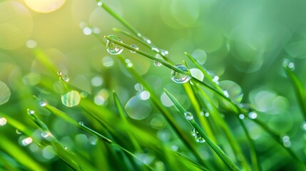 Close-up shot of fresh green grass leaves and dew drops