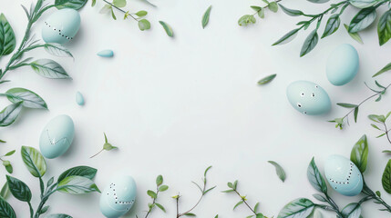 Frame made of Easter eggs and plant leaves on white background