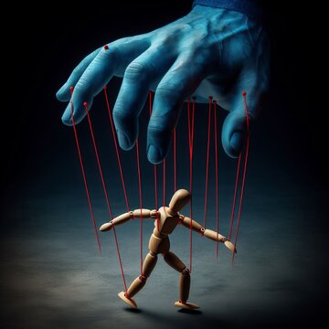 A conceptual image of a large blue hand with red strings controlling a wooden marionette, symbolizing manipulation and control.. AI Generation