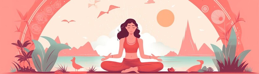 Calm and peaceful woman meditating in a beautiful nature landscape with mountains, river and forest.