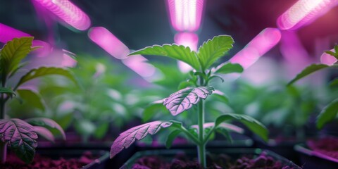 A cannabis nursery with rows of seedlings under growth lights, focusing on sustainability.