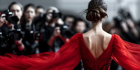 Woman in stunning red dress on red carpet with photographers at premiere. Concept Celebrity Fashion, Red Carpet Glamour, Paparazzi Photographers, Stunning Red Dress, Movie Premiere