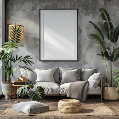 Modern minimalistic living room in a mix of bohemian, scandinavian, nordic and baroque style. Mockup with a wall frame poster background. Interior design inspiration for a magazine, decoration concept