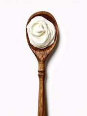 A wooden ladle with fresh cream on a white background.