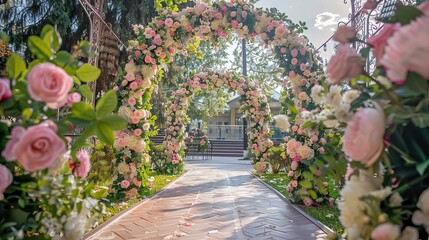 Obraz premium The wedding ceremony had a beautiful archway decorated with fresh flowers. It was very stylish and stood in the garden. The wedding day was decorated with fresh flowers and peonies.