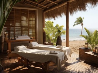 Fototapeta premium Massage Tables Ready for a Relaxing Session by the Beach