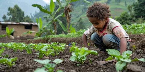 A child helping to plant organic seedlings in a family-run vegetable patch.