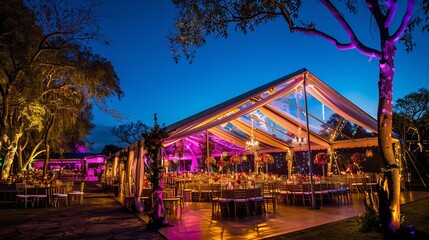 Under the shimmering night sky, the wedding tents burst with vibrant hues, creating a mesmerizing canopy for an unforgettable celebration.