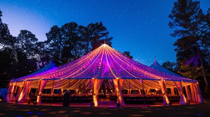Under the shimmering night sky, the wedding tents burst with vibrant hues, creating a mesmerizing canopy for an unforgettable celebration.