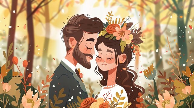 Unconventional woodland wedding invite with a charming bohemian cartoon couple, exuding both elegance and love.