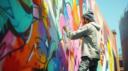 An artist painting a mural on an urban wall, colorful street art, creative expression in a city environment. Resplendent. - Powered by Adobe