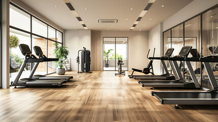 Interior of gym with modern treadmill elliptical train