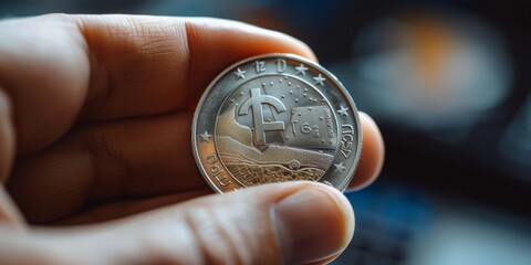 A close-up of a hand holding a silver coin with a euro symbol