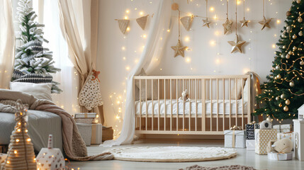 Interior of light bedroom with baby crib Christmas tre
