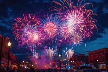 Spectacular fireworks over a city at night.