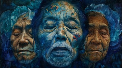 Fototapeta premium Oil painting of three old people with blue skin.