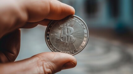 A close-up of a hand holding a silver coin with a euro symbol