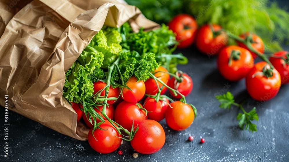 Wall mural perishable food items like tomatoes lettuce spilling out of paper bag