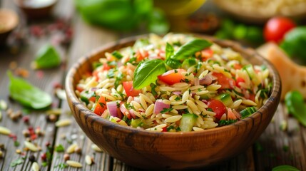 Orzo salad fresh vegetables herbs in wooden bowl on rustic table