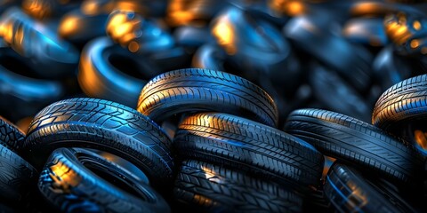 Artistic neural network rendering of a stack of recycled car tires. Concept Neural Network Rendering, Recycled Tires, Artistic Interpretation, Abstract Art, Technology Innovation - Powered by Adobe
