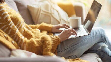 Fototapeta premium Relaxed Home Environment with Woman Working on Laptop in Cozy Sweater