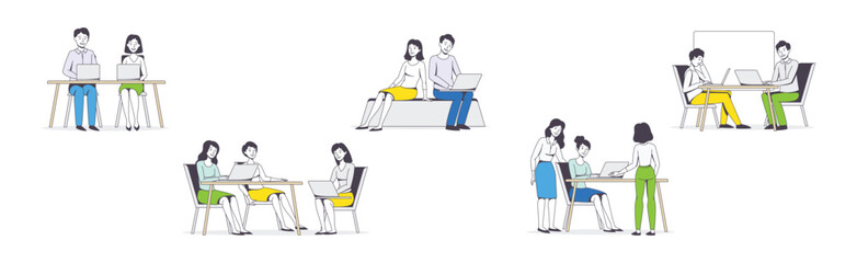 Successful Team with Man and Woman Office Employee Working Together Vector Illustration Set