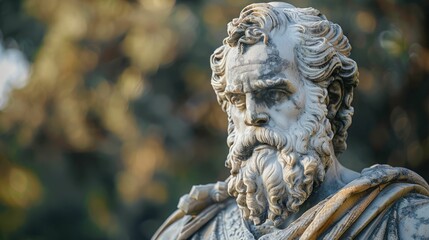 The image is a close-up of a marble statue of a man with a beard. The statue is in the classical style and is likely of a Greek or Roman god.