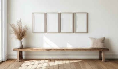 Wooden rustic bench near white wall with two frames. Farmhouse, country, boho interior design of modern home entryway, hall.