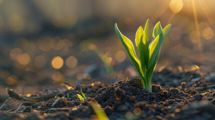 A young plant emerges from the fertile soil, its tender leaves reaching towards the golden beams of...