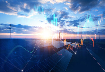 Increase or rising in electricity prices on the world market. Photovoltaic power station with...