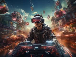 Gamer Engaged in a Futuristic VR Racing Battle in the City