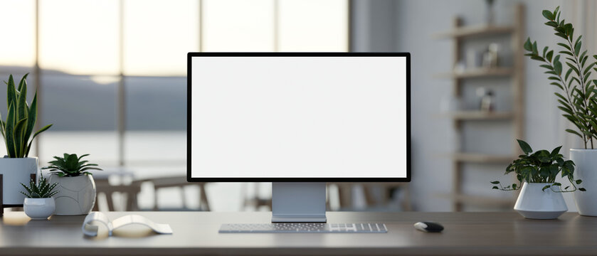 A computer desk in a modern co-working space feature a white-screen computer mockup.