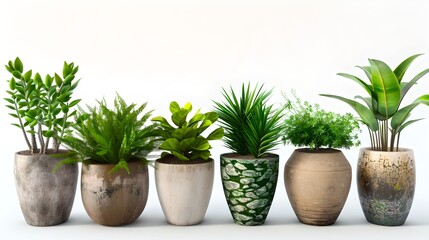 Fototapeta premium Serene Collection of Potted Green Plants Lined Up Against White Background. Perfect for Home Decor. Simple, Clean Design Elements. Indoor Plant Arrangement. AI
