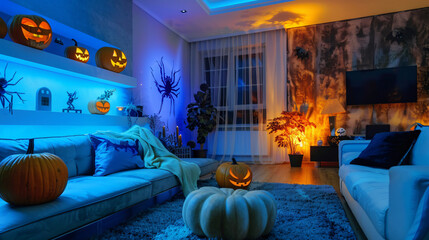 Interior of living room decorated for Halloween. Diffe