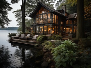 Fototapeta premium Guests Enjoy Cozy Evening at Lakeside Cabin in Autumn