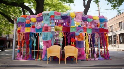Naklejka premium Colorful yarn installation surrounds two chairs in an urban setting.