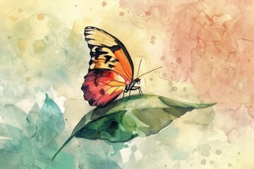 watercolor painting of a butterfly on a leaf. Butterflies are winged creatures that like sunlight and
 cool weather. It often flies around and clings to leaves and flowers, wanting to have fun.