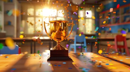 A golden trophy cup on a wooden pedestal is central, surrounded by colorful confetti in a room suggesting a celebration of achievement or victory