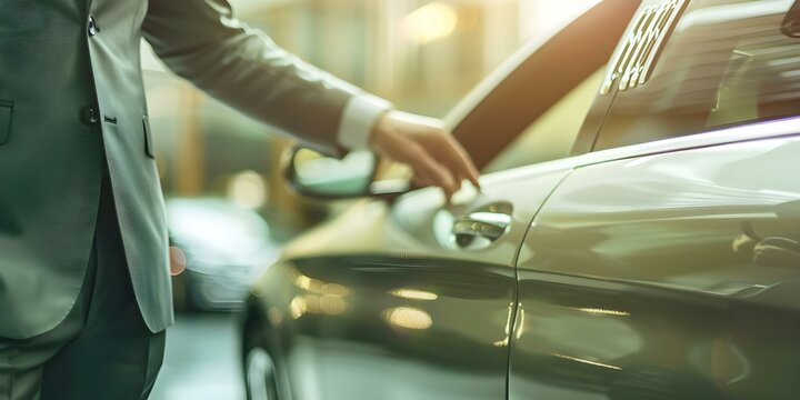 Professional chauffeur opens limousine door providing luxury chauffeur service near car. Concept Luxury Chauffeur Service, Professional Chauffeur, Limousine Transportation, VIP Car Service