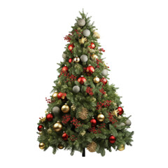 Festive Christmas Tree Decorated with Ornaments and Lights Isolated without Background