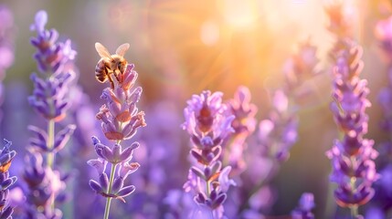 Fototapeta premium Sun-kissed Lavender Field with Busy Bee, Perfect for Relaxation Imagery and Natural Backgrounds. Soft Focus, Vibrant Colors. Ideal for Wellness Content. AI
