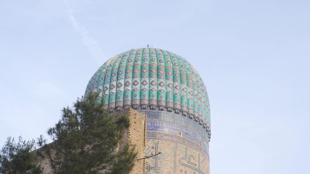 View of The Bibi-Khanym Mosque, dome, Khanum. One of the most important monuments of Samarkand, popular tourist destination of Central Asia. Samarkand, Uzbekistan view of the old town and road 