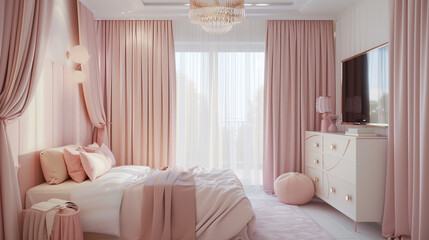 Little girl pink pastel color room interior design with pink furniture 