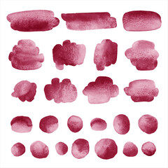 Dark pink, wine red watercolor vector elements set. Aquarelle brush strokes, smudges, gradient smears, oval watercolour shapes, doodle circles, paint spots, dots, round stains. Backgrounds collection