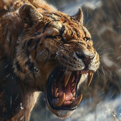 A portrait of Smilodon standing ready to attack, with sharp eyes and sharp saber teeth, Generate AI.