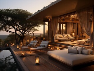 Guests Enjoying Serene Dusk at a Luxury Safari Lodge in Africa