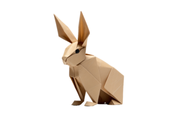 Whimsical Paper Rabbit Sculpture Hopping on White Background on White or PNG Transparent Background.