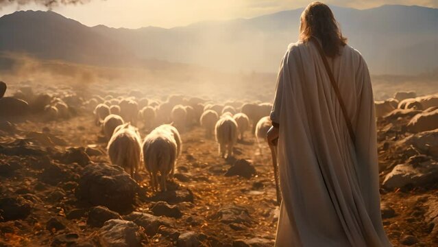 Shepherd Jesus Christ leading the sheep and praying to God