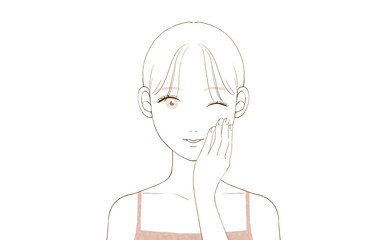 手を添えている笑顔の女性	
